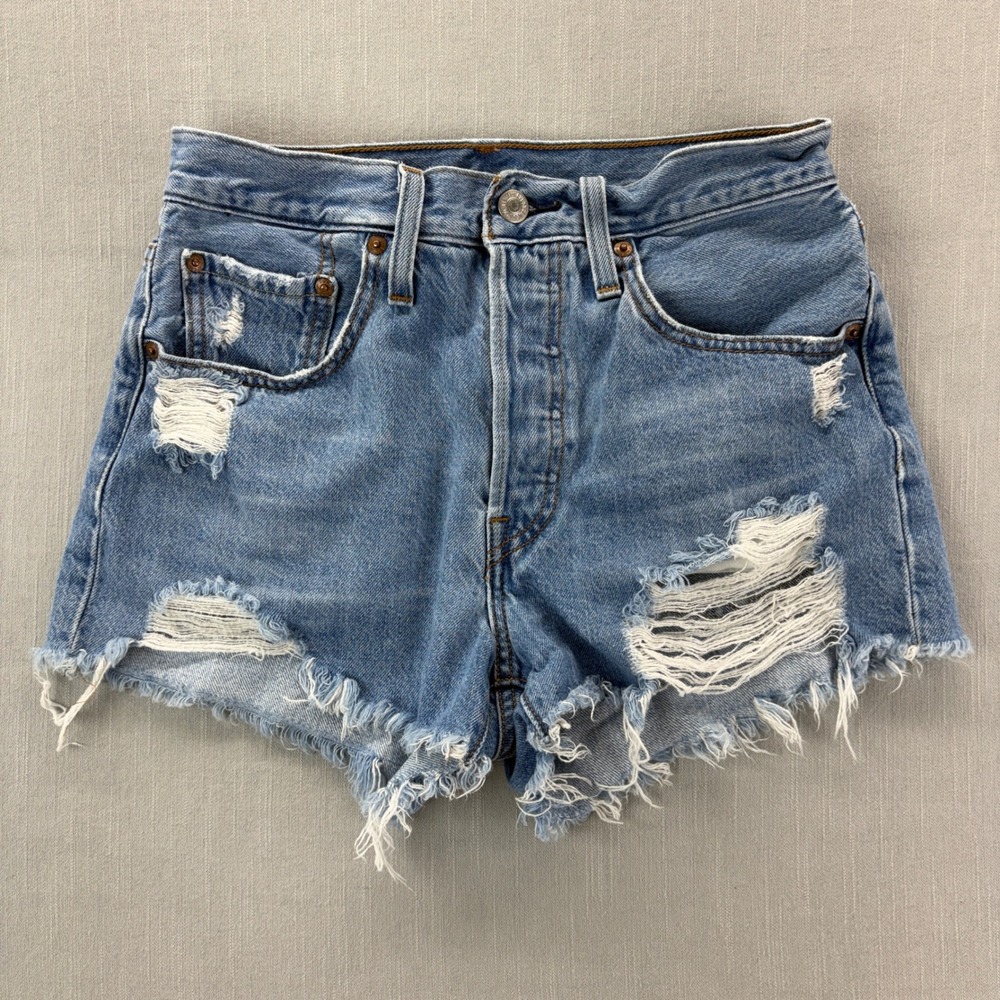 Levi's Denim Shorts Womens 24 501 Original Blue Distressed Cutoff Button Fly
